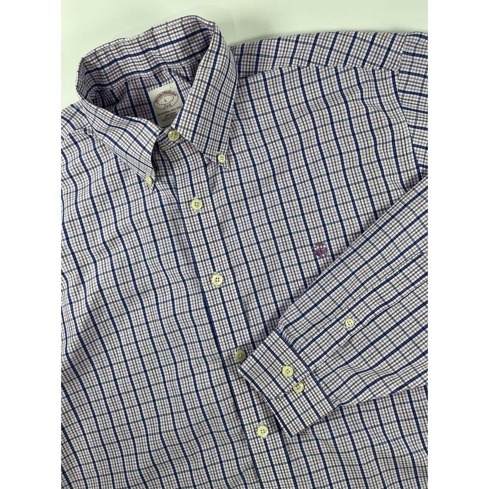 Brooks Brothers Mens Large Long Sleeve Button Down Purple Plaid Check Shirt Logo